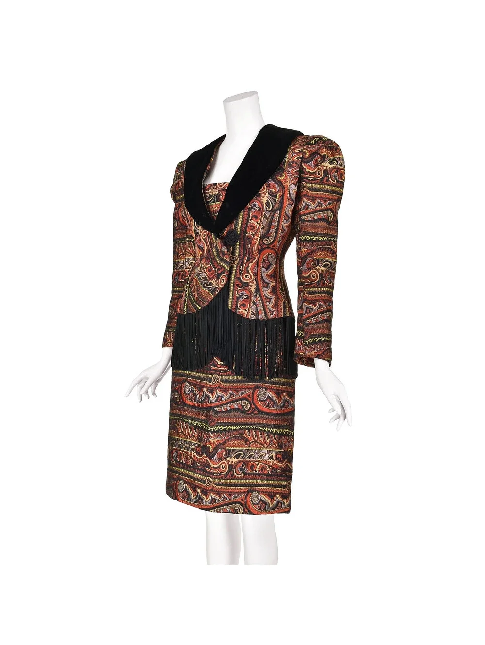 ZANDRA RHODES Rare '80s Jacquard Suit w/Velvet Lapels & Long Black Fringe, SZ SM - Picture 3 of 9